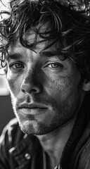 Black and white photography of a natural man looking dreamy and reserved. He has messy hair. He looks into the camera. Gentle atmospheric scenes, powerful portraits.