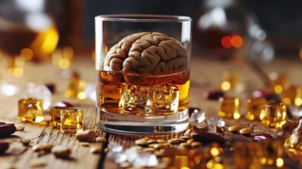 Selbstklebende Fototapeten abstract human brain in a glass of whiskey with ice, alcoholism causes dementia, banner © Dmitriy