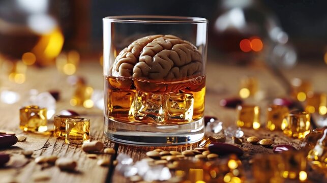 abstract human brain in a glass of whiskey with ice, alcoholism causes dementia, banner