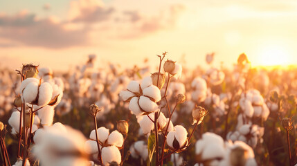Cotton fields ready for picking. cotton field at sunset.Generative AI - obrazy, fototapety, plakaty