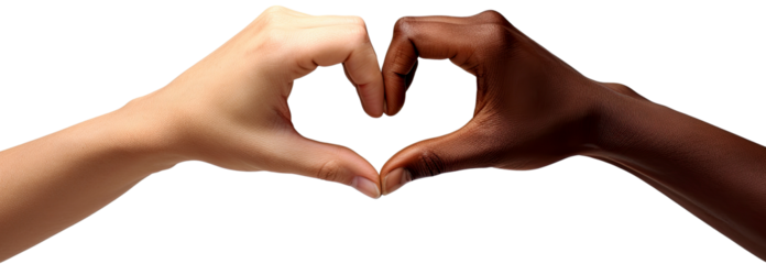 two hands from diverse ethnic backgrounds coming together to form a heart shape against illustration PNG element cut out transparent isolated on white background ,PNG file ,artwork graphic design.