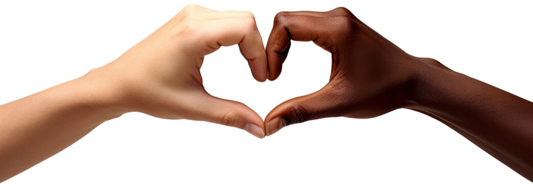two hands from diverse ethnic backgrounds coming together to form a heart shape against illustration PNG element cut out transparent isolated on white background ,PNG file ,artwork graphic design.