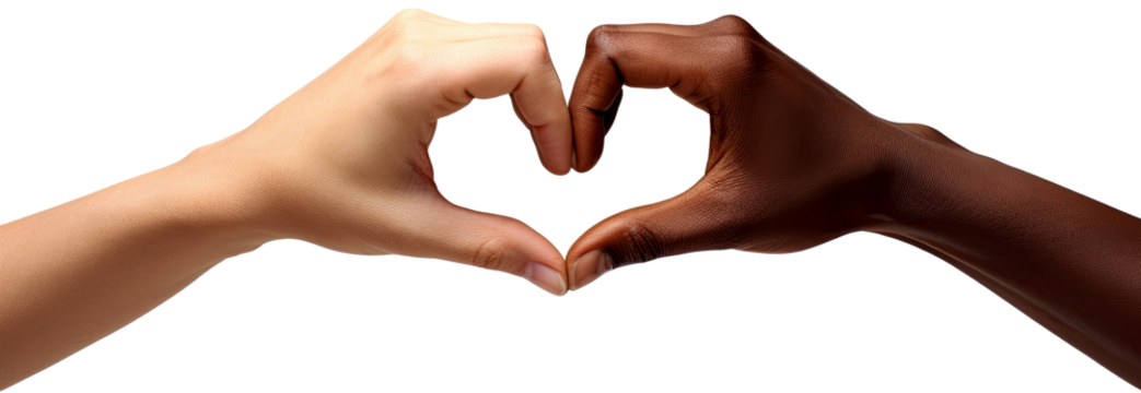 two hands from diverse ethnic backgrounds coming together to form a heart shape against illustration PNG element cut out transparent isolated on white background ,PNG file ,artwork graphic design.