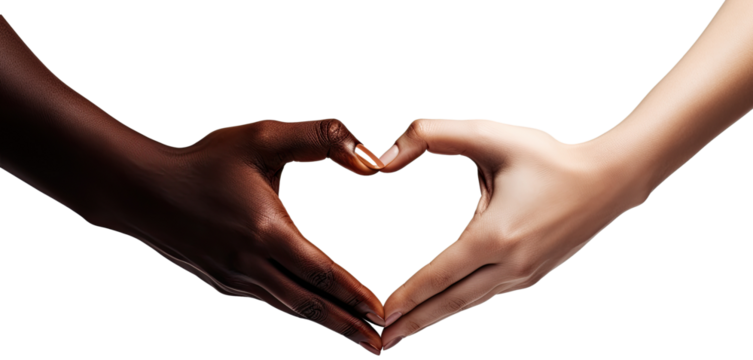 Two hands from diverse ethnic backgrounds coming together to form a heart shape against illustration PNG element cut out transparent isolated on white background ,PNG file ,artwork graphic design.