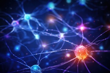 a neuron on a dark background, in the style of detailed background elements, focus on materials, light sky-blue and magenta, three-dimensional effects, relatable personality