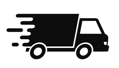 Fast moving shipping delivery truck icon, free delivery sign, free and express shipping service icon, shipment van pack, courier transport, distribution and logistic isolated - obrazy, fototapety, plakaty