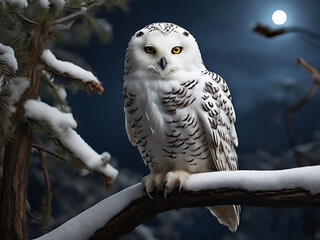 A solitary snow owl perched on a snow laden tree branch its piercing eyes glowing in the moonlight