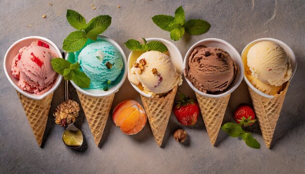 Scoop Extravaganza: Top View of a Colorful Ice Cream Assortment with Mint Touch