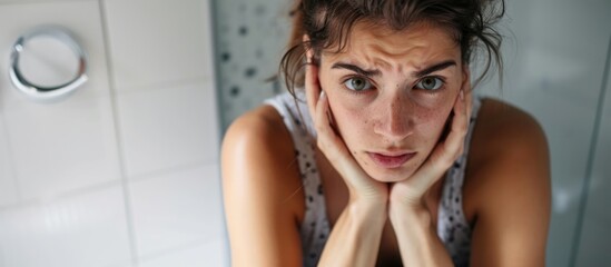 Woman anxiously awaiting pregnancy test results in bathroom, concerned about becoming a mother.
