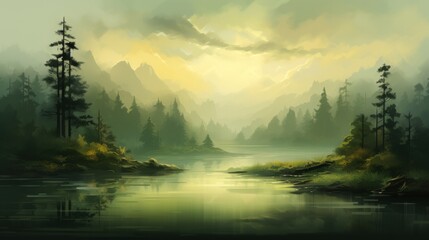 abstract green landscape idyllic scenery oil painting texture design. lake surrounded by evergreen trees at sunset or sunrise. nature environment travel tranquility  concept background illustration.  - obrazy, fototapety, plakaty