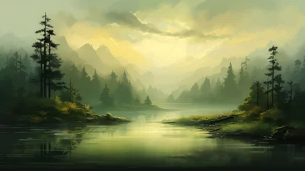 Fototapeten abstract green landscape idyllic scenery oil painting texture design. lake surrounded by evergreen trees at sunset or sunrise. nature environment travel tranquility  concept background illustration.  © JerreMaier