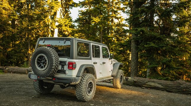Jeep Wrangler Rubicon side view. White offroad 4-door. parked in the forest. Compact four wheel drive off road and sport