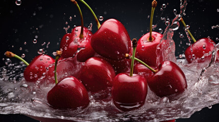 Smooth Fresh ripe organic red Cherry Fruits falling into water and splashes
