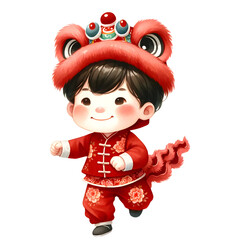Cute girl and boy on Chinese New Year water color style