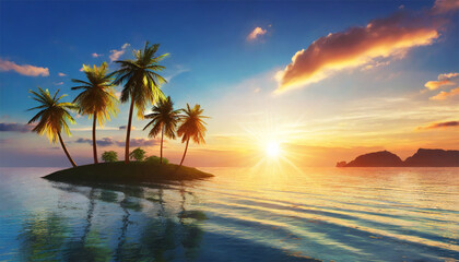 Beautiful tropical island with palm trees at sunset. 