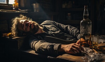 drunk man alcoholic gets drunk and sleeps in a dirty barn, alcoholism causes dementia, banner - obrazy, fototapety, plakaty