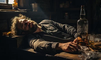 Gardinen drunk man alcoholic gets drunk and sleeps in a dirty barn, alcoholism causes dementia, banner © Dmitriy