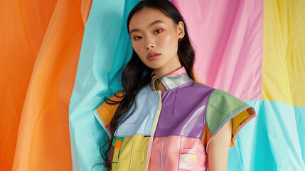 Model in patchwork fashion design