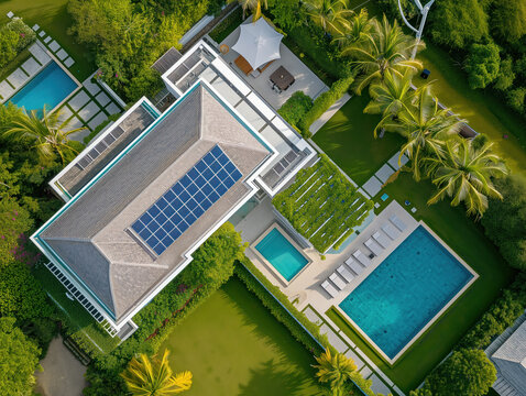 A stunning home with a lush garden and solar panels. Next to it, a sparkling pool completes the picture