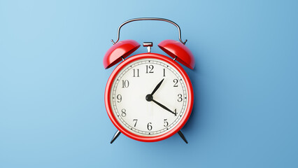 Red vintage alarm clock on light blue color background,3D render