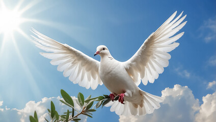 White dove against the sky with clouds, branch