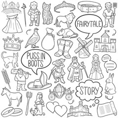 Puss in Boots Doodle Icons Black and White Line Art. Fairytales Clipart Hand Drawn Symbol Design.