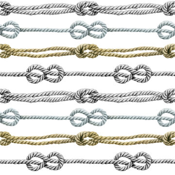 Seamless pattern of rope cords with knots eight knots. Hand drawn illustration. Nautical thread whipcord with loop and noose. Hand painted watercolor, graphic on white background. Print, wrapping.