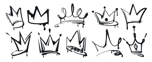 Set of graffiti spray painted crowns. Black brush paint king crown isolated on white background. Hand drawn street art vector illustration. Grunge airbrush drawing, inky elements with splashes. - obrazy, fototapety, plakaty