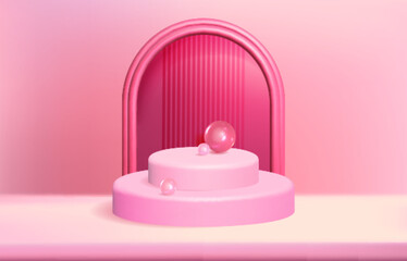 Realistic 3d pink cylinder pedestal podium with sphere balls and arch. Abstract studio room platform design. Stage showcase, minimal scene for products show, promotion display. Vector illustration.