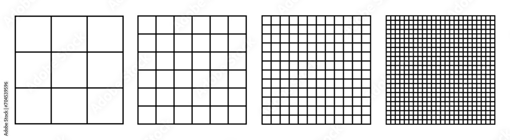 Aufkleber Grid pattern set. Square grid lines black background. Grid templates isolated