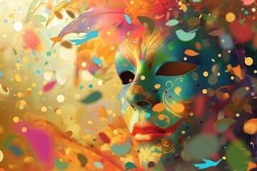 Ilustração de máscara de carnaval com fundo colorido, exaltando todas as cores do carnaval brasileiro e veneziano