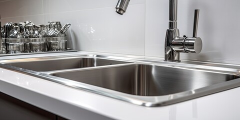 Close-up of a white kitchen sink and stove with stainless steel appliances, in .