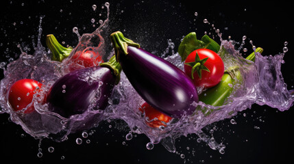 Fresh organic raw purple Eggplant Vegetables falling into water and splashes