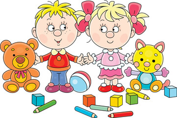 Happy little girl and boy with their funny toy bear and cat in a playroom of a kindergarten, vector cartoon illustration isolated on a white background
