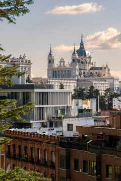 Panoramic view of Madrid with the Cathedral of Santa María la Real de la Almudena in the background