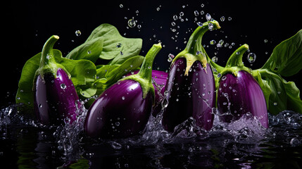 Image of Fresh organic raw purple Eggplant Vegetables falling into water and splashes printed on Printed Glass Splashbacks