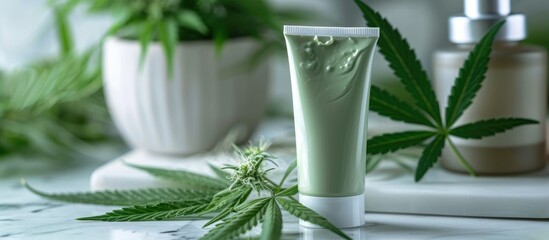 Close-up of a green hemp cream tube near cannabis leaves on a marble table.
