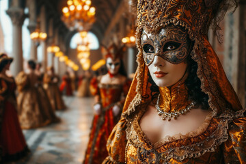An elegant masquerade ball during the Venetian Carnival, dancers in exquisite period costumes and intricate masks, opulent ballroom setting with chandeliers and marble floors, rich, and luxurious - obrazy, fototapety, plakaty
