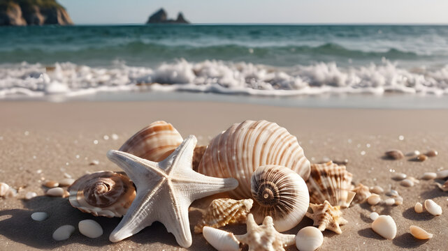 Summer concept with sandy beach, shells. as summer background.  AI generated image, ai