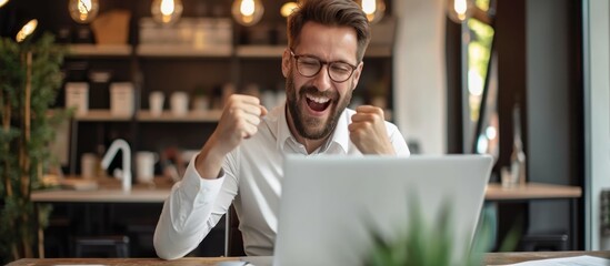 Corporate employee feeling good during online group chat, businessman searching funny content during work break.