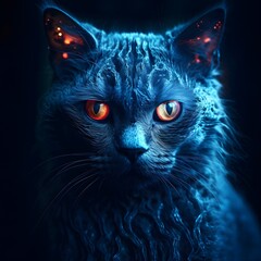 Close-up portrait of a black cat with red eyes staring at the camera generative ai