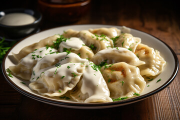 Plate with polish Pierogi dumplings with white sauce