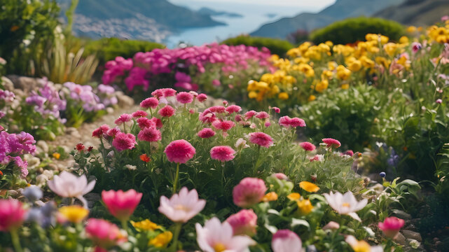  Artifical Intelligence generated vivid colorful landscape scenery with a path. Floral background in nature on the mountains.  AI generated image