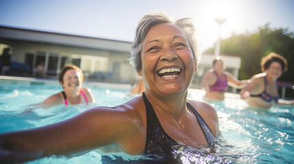 Fototapeta premium An elderly woman on a beautiful sunny day in the pool with her friends and with an incredibly joyful expression actively spends her free time despite her age