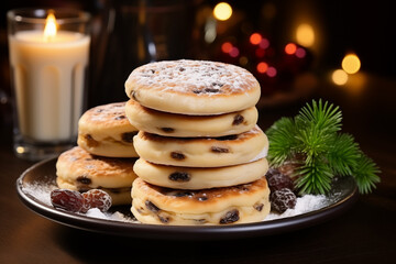 Tasty traditional homemade Welsh cakes with raisins sprinkled with powdered sugar close-up on the table decorated with a pine branch and candles and festive lights on background