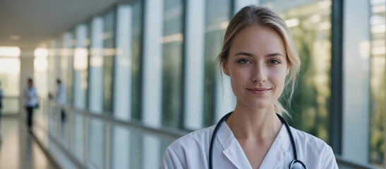 female doctor looking at the camera. banner, wallpaper, copy space, design template, hospital marketing, medical banner, website banner - obrazy, fototapety, plakaty