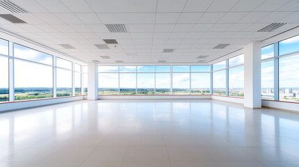 Empty office space. Image for advertising the rental and purchase of offices. Columns, floor tiles, panoramic glazing. Beautiful view of the city and nature. Sunny day.