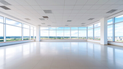Fototapeta premium Empty office space. Image for advertising the rental and purchase of offices. Columns, floor tiles, panoramic glazing. Beautiful view of the city and nature. Sunny day.