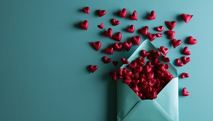 Envelope with red hearts on blue background. Valentine's Day concept.