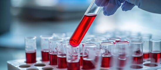 Blood sample in a test tube checked for telomere test and anti-aging prognosis at lab.